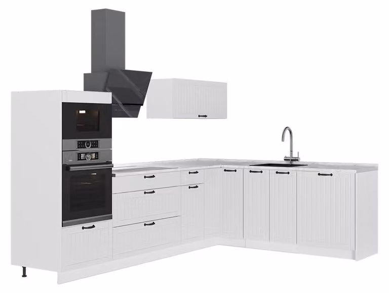Cucina angolare completa Vicco Fame-Line Bianco rustico/Bianco 287 x 207 cm senza piano di lavoro, Model 63552
