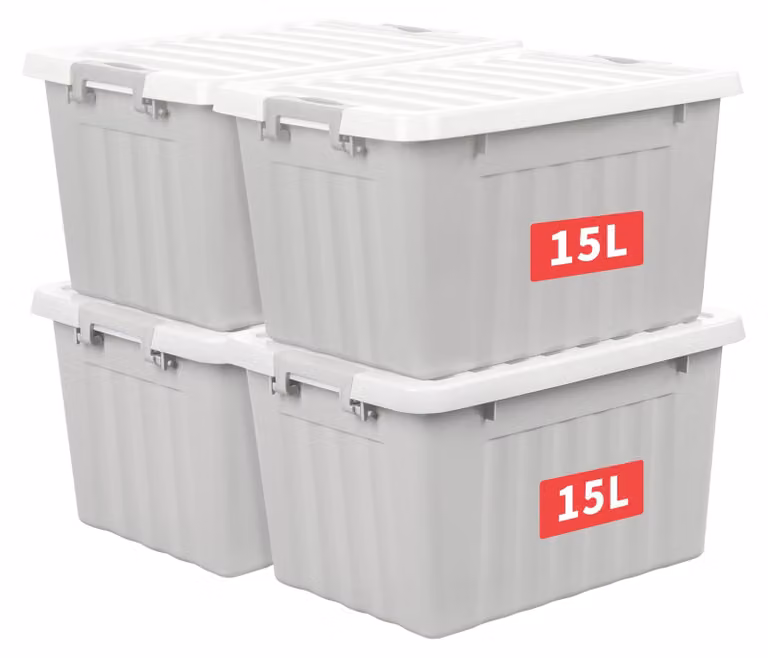 Contenitori Cetomo da 15 litri, confezione da 4, contenitori in plastica rinforzati con scanalature, con coperchi
