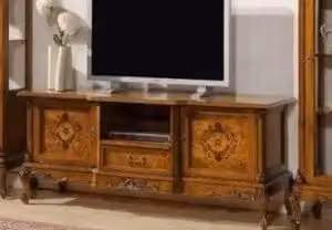 Mobile Porta TV Modello Lisa KIVIO in Legno Noce con 2 Ante e 1 Cassetto, Decorazioni Intagliate e Intarsiate Floreali, L: 180 cm, P: 61 cm, H: 76 cm