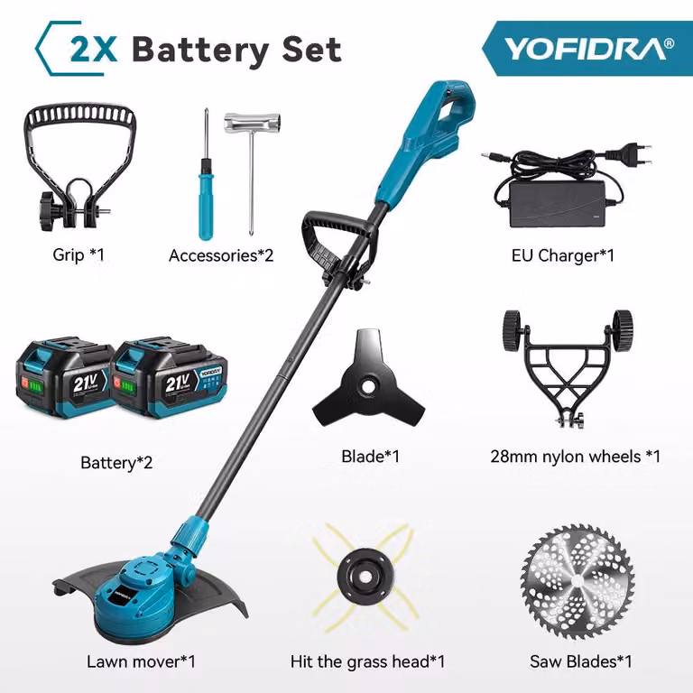 Tagliaerba elettrico - Tagliabordi a batteria - Motore brushless da 6000 W - 58.000 giri al minuto - Larghezza di taglio di 25 cm - Set con 2 batterie