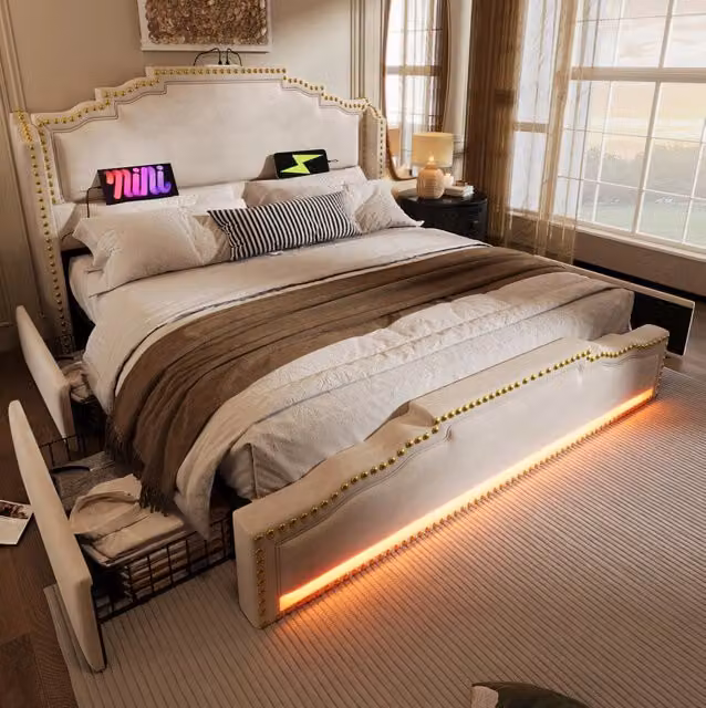 Letto 140x200 cm con 4 cassetti, LED, USB e USB-C in velluto beige