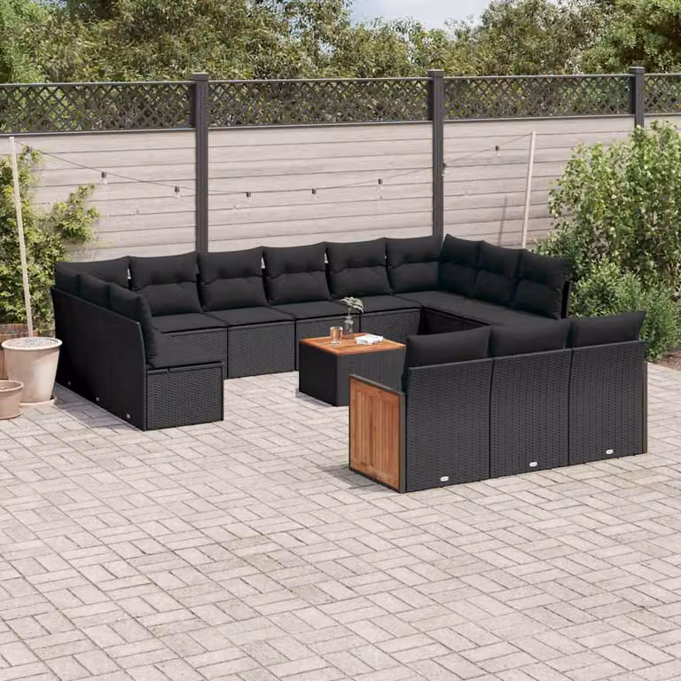 vidaXL Set Divani da Giardino a Forma di U con Cuscini e Tavolino da Caffè, Polyrattan e Legno di Acacia, Nero