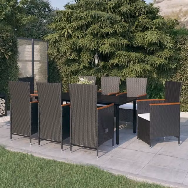 Set da pranzo da giardino vidaXL in polyrattan con tavolo in vetro e cuscini, 9 pezzi, nero e bianco