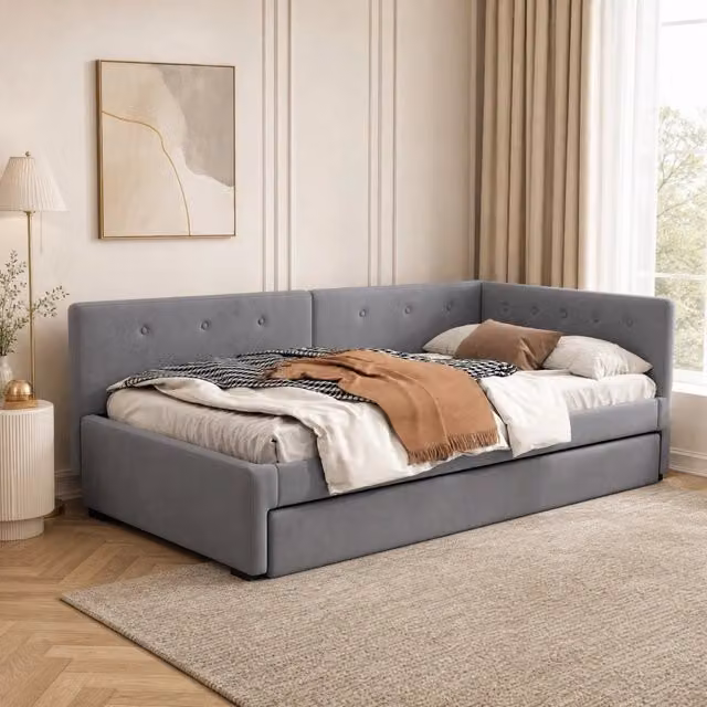 Letto Mivray con letto estraibile e cassetti, testiera imbottita in velluto grigio, L/P/H: 90 x 200 x 150 cm
