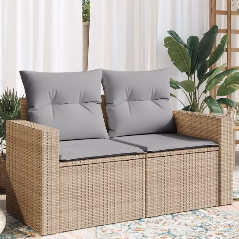 vidaXL Divano da giardino a 2 posti in polyrattan con cuscini beige e grigi