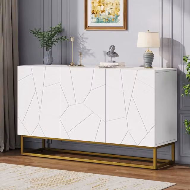 Credenza moderna bianca lucida mobile buffet 130 cm con 3 ante e base in metallo oro