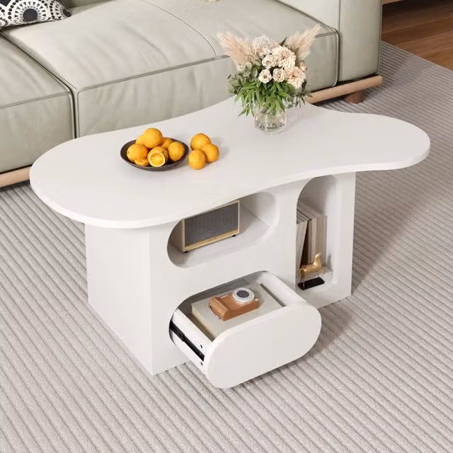 Tavolino da caffè bianco con cassetti e ripiani aperti, piano a forma di nuvola 97x45x43,5 cm