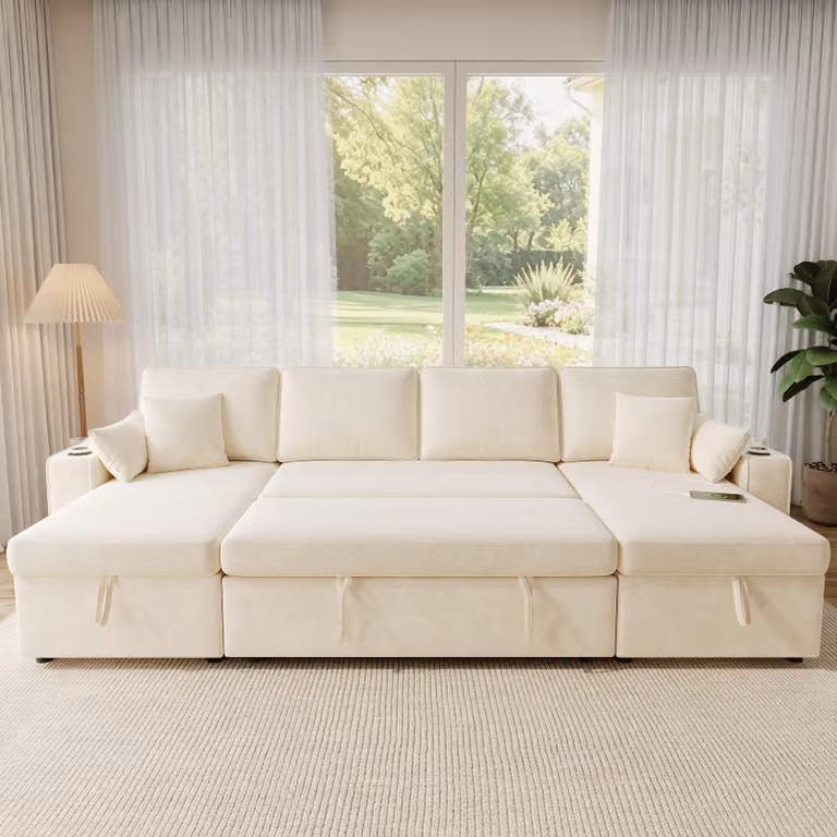 Divano ad angolo a U Merax, divano letto estraibile con funzione letto, divano con vano contenitore, porte USB e Type-C, portabicchieri, divano in ciniglia, beige