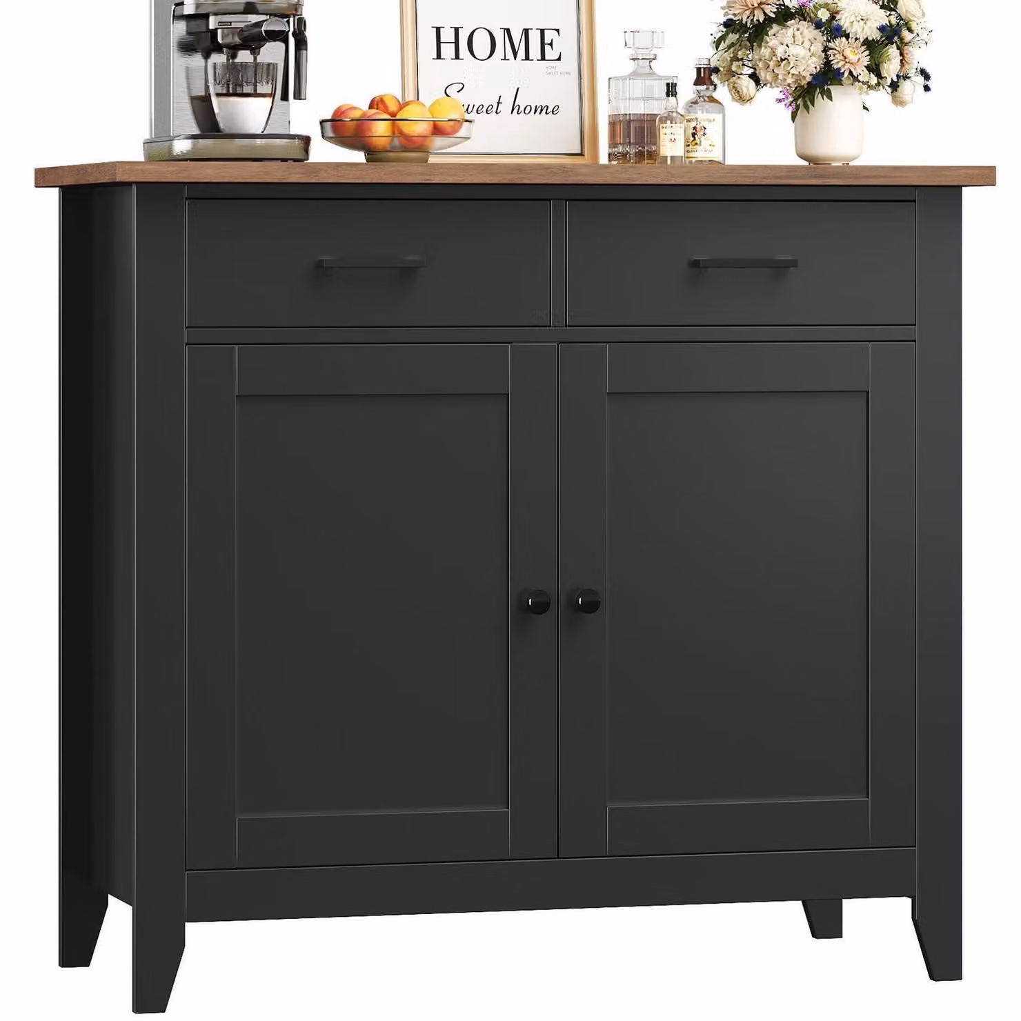 Mobiletto da cucina con piano di lavoro, credenza con 2 cassetti e 2 ante, colore nero, stile rustico, realizzato in legno