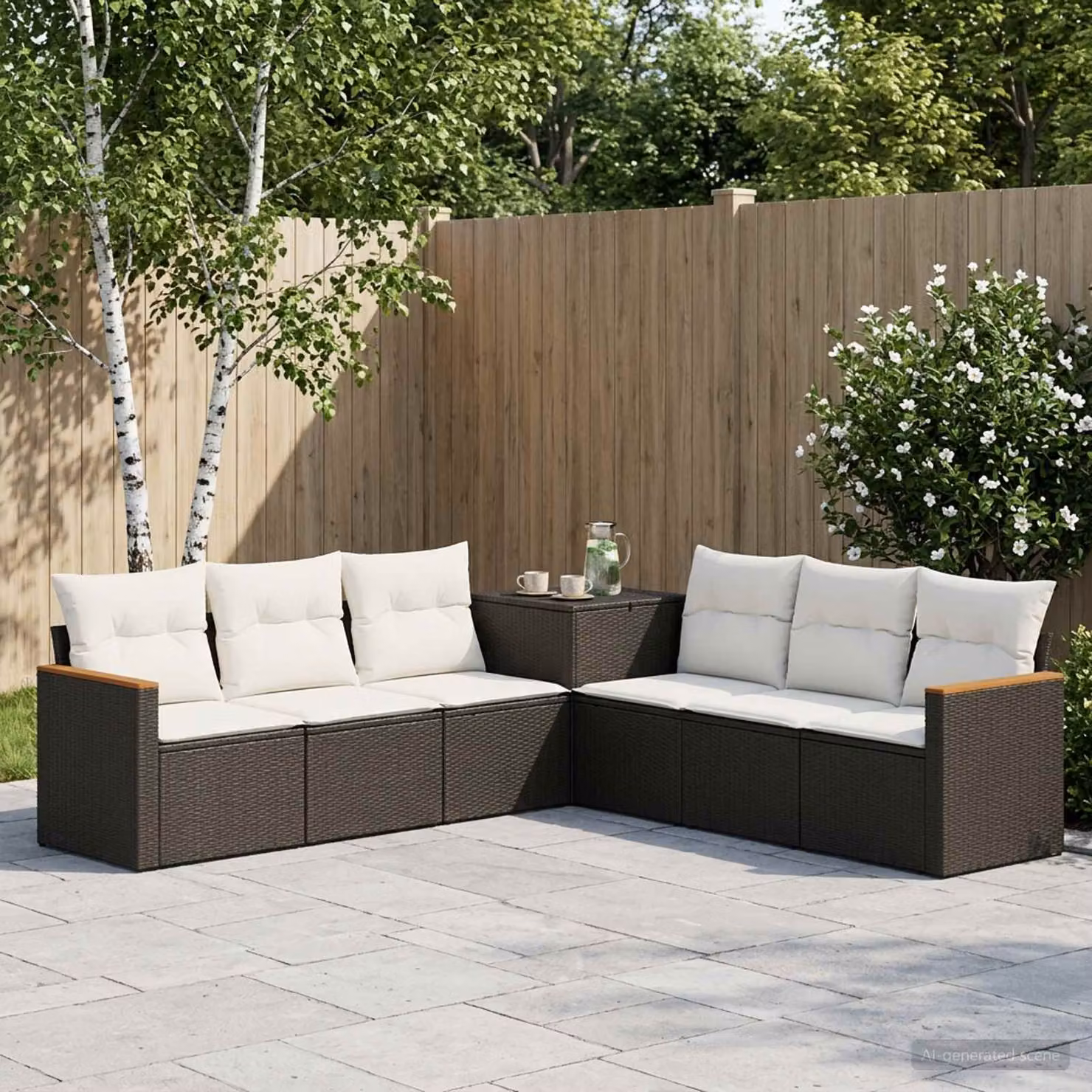 Set di divani da giardino vidaXL a forma di U composto da 7 pezzi in nero e bianco crema con struttura in metallo e cuscini inclusi