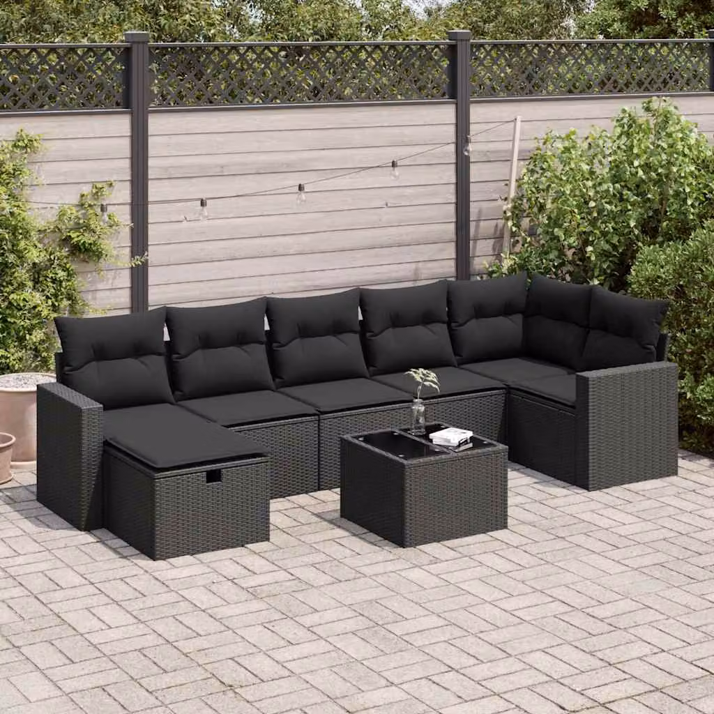 Set Divani da Giardino vidaXL in Polyrattan Nero con 8 Pezzi e Cuscini Imbottiti