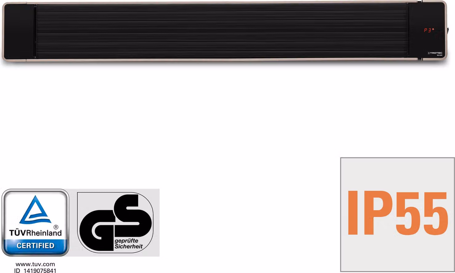 Riscaldatore a spot nero TROTEC IRD 2400, riscaldatore radiante, riscaldatore per patio, riscaldatore per balcone, telecomando, IP55, 2.400 W