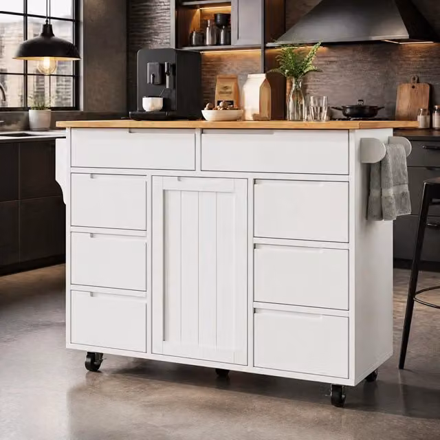 Isola da cucina REDOM con piano ribaltabile, bianca in MDF opaco, L: 122 cm, P: 74,5 cm, H: 91,5 cm – 1