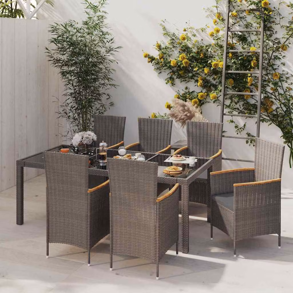 Set da giardino moderno vidaXL composto da 7 pezzi con tavolo rettangolare in vetro e sedute in rattan nei colori nero e grigio