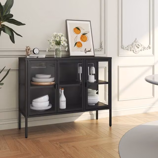 Credenza con Vetrina Borshavisa en.casa con 3 Ante in Vetro e Struttura in Metallo, Colore Nero, L: 100 cm, H: 80 cm, P: 35 cm