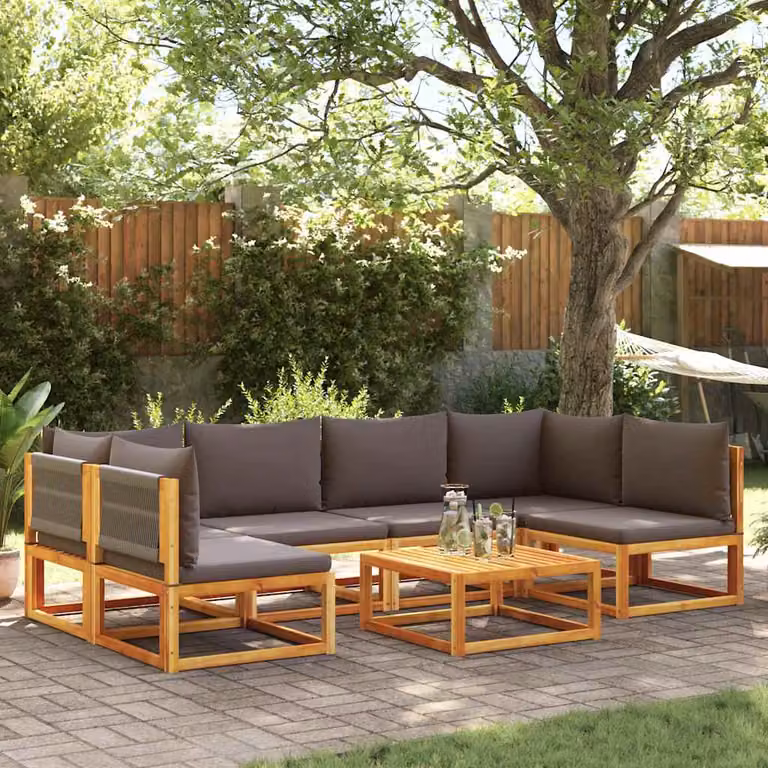 Set di divani da giardino vidaXL 7 pezzi in legno di acacia oliato e corda con cuscini, marrone e grigio