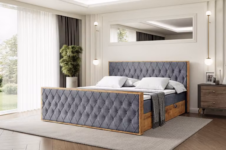 Letto boxspring ALTDECOR con materasso e rete a doghe, topper, pediera, letto imbottito con contenitore, letto con spazio contenitivo, materasso H3, letto matrimoniale, letto a cassettoni - LOLLI5-Z - 180x200 - Grigio scuro Casablanca
