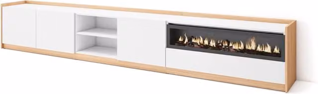Mobile TV Soggiorno, 310x50x37 cm, Per TV fino a 80", Camino elettrico, Bianco e Rovere soft