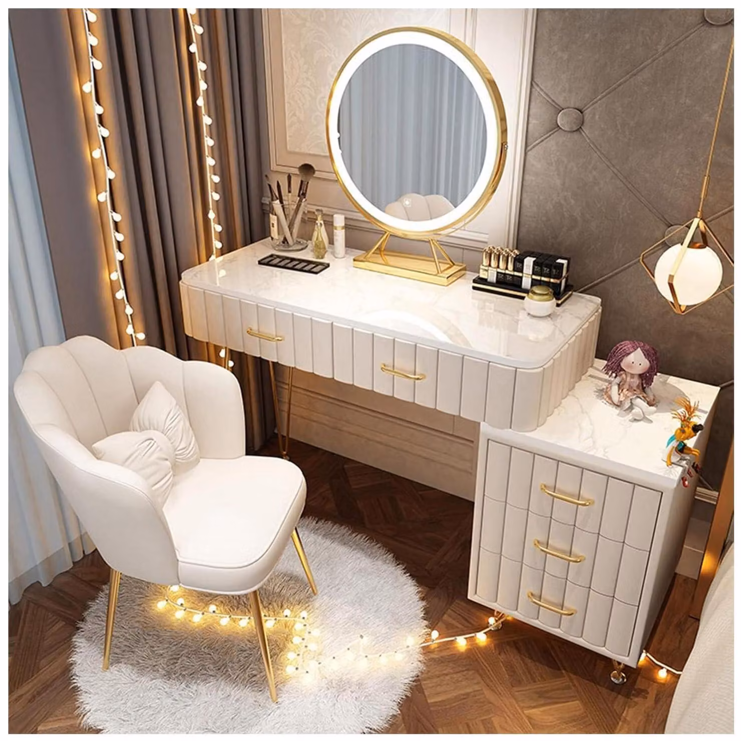 Comò da trucco con specchio e 5 cassetti, poltrona in velluto, piano in granito bianco di 80 cm