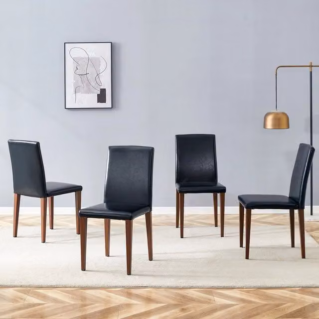 [Set di 4 sedie da pranzo minimaliste] Lusso leggero in stile europeo con finitura nera e noce: pelle PU nera + gambe in metallo effetto noce scuro. S
