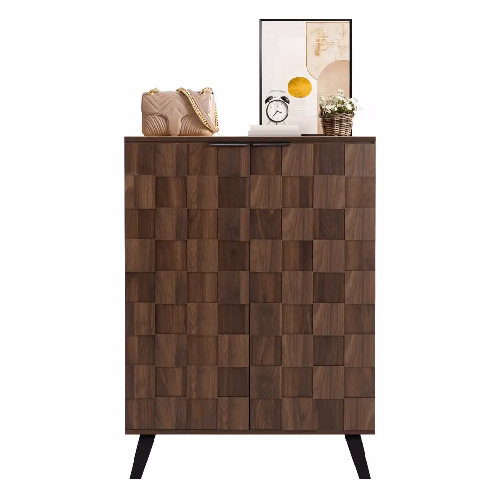 Mobile scarpiera Minimal con 5 scomparti e ripiani regolabili, finitura legno effetto rovere scuro marrone, L: 80 cm, P: 35,5 cm, H: 110 cm – 2
