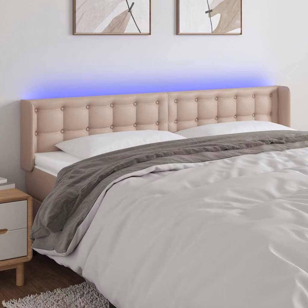 Testiera per letto vidaXL in similpelle color cappuccino con illuminazione LED e porta di ricarica USB, L 163 x P 16 x H 78/88 cm