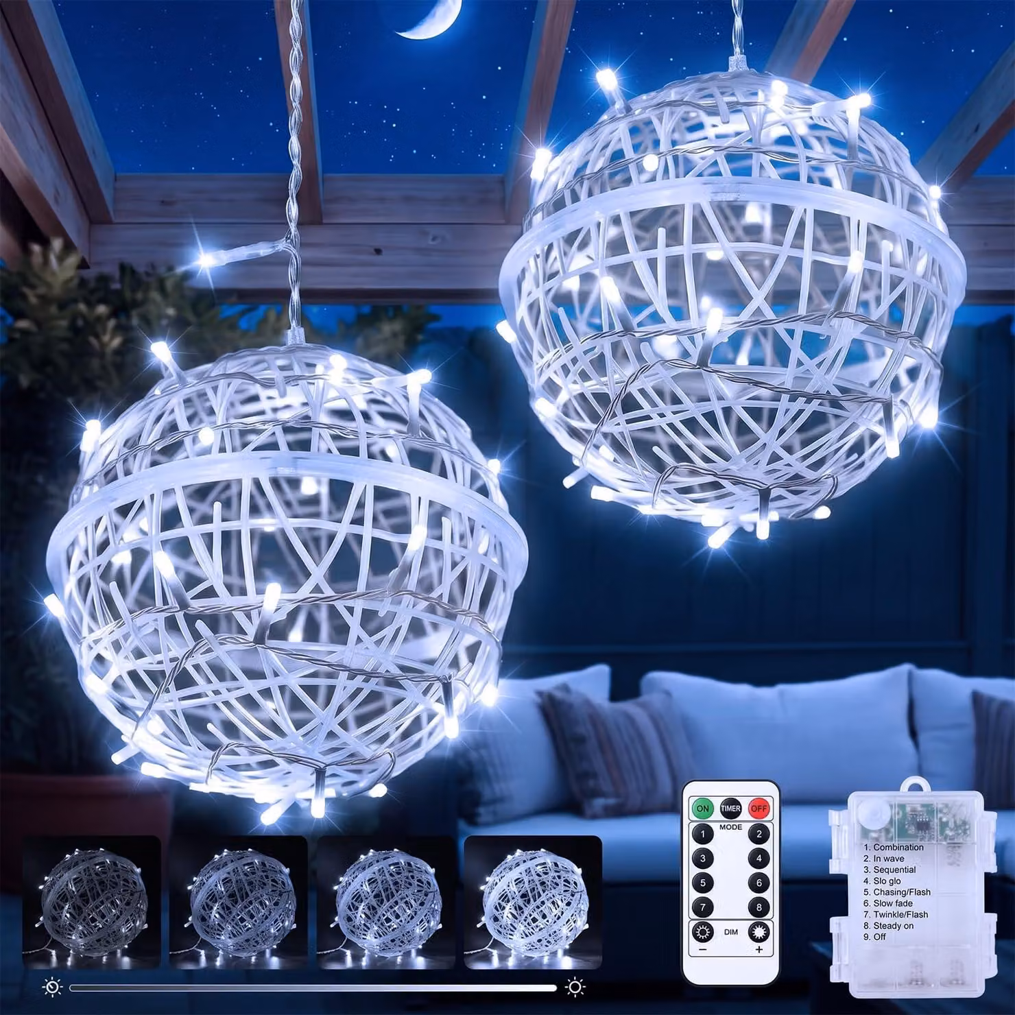 Set di 2 sfere luminose a LED, luce bianca fredda, grado di protezione IP65, con telecomando e timer