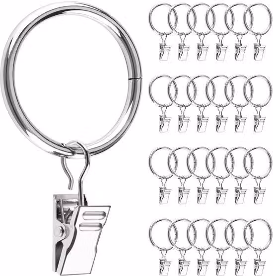 Set di 25 anelli metallici per tende con clip, diametro interno 32 mm, per tapparelle, porte, tende da doccia, stendibiancheria (argento)