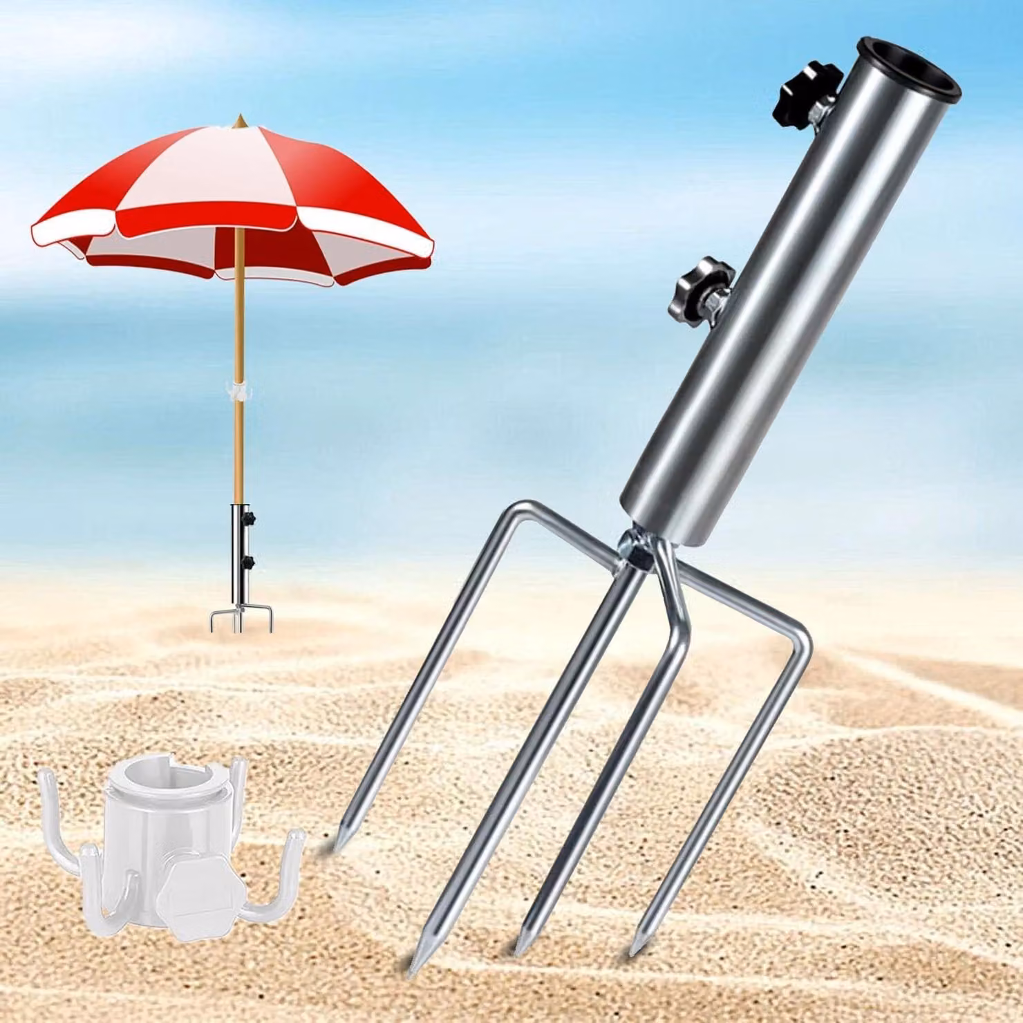 Supporto universale per ombrellone con 4 picchetti - Ancoraggio per spiaggia, campeggio e giardino