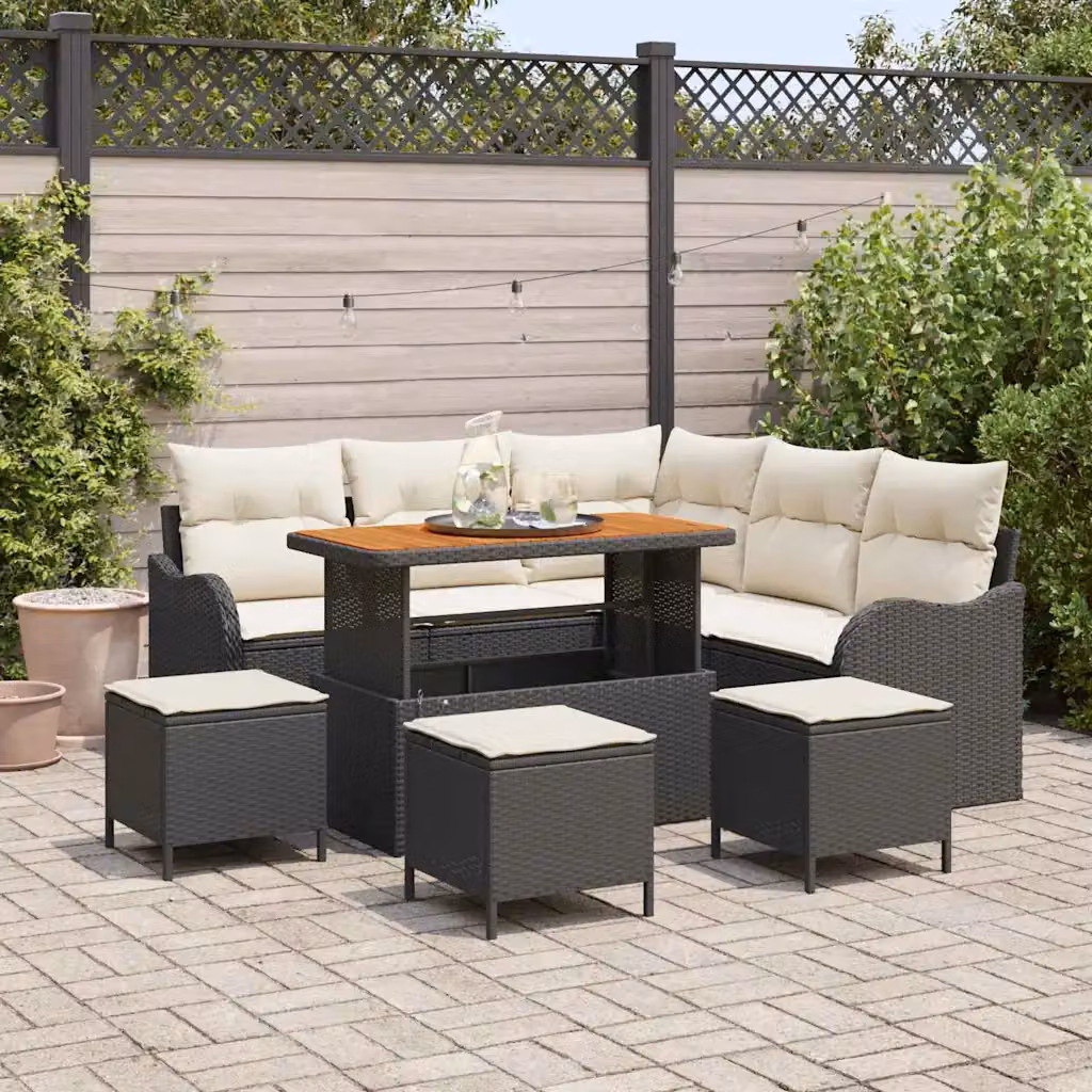 Set Divano da Giardino Moderno vidaXL in Polyrattan Nero con Cuscini e Tavolino da Esterno – 1