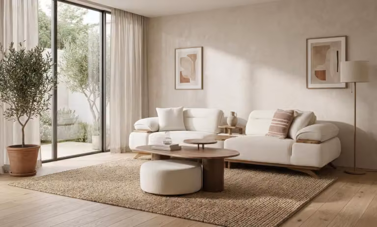 Divano a 3 posti, tavolino, tavolino laterale, poggiapiedi, design moderno, colore bianco, elegante