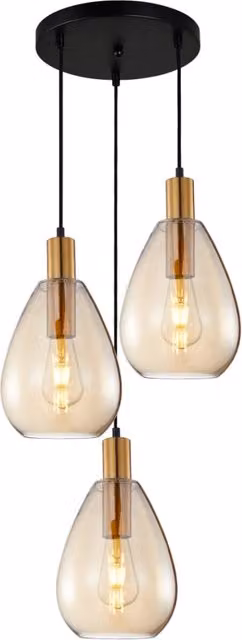 Lampada a sospensione ZULO Italux rotonda in metallo e vetro nero e ottone con vetro ambra, 3xE27