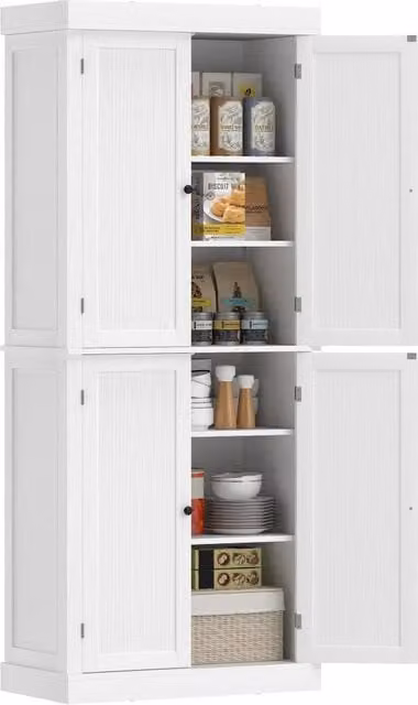Mobile Cucina Alto in Legno Bianco con 2 Ante e 6 Ripiani Regolabili, Armadio Dispensa Salvaspazio per Casa, 76x40.5x184 cm