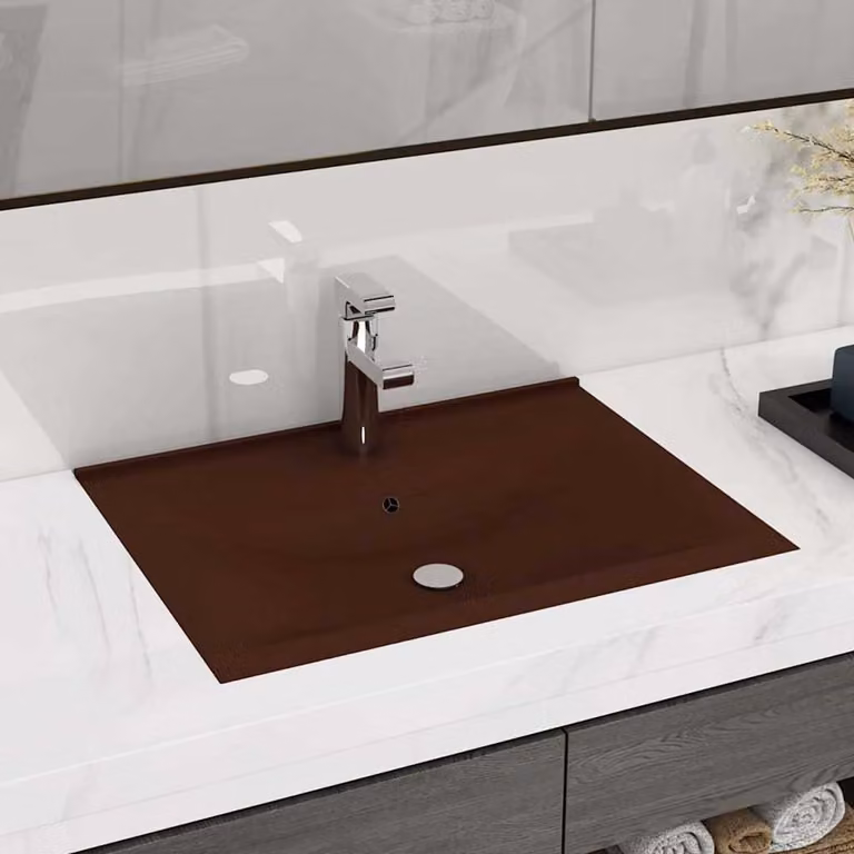 Lavabo rettangolare in ceramica vidaXL con foro rubinetto, marrone, L: 60 cm, P: 46 cm, H: 16 cm