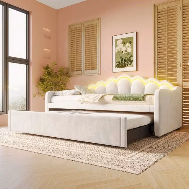 Letto giorno gigogne 90/180x200cm - Xylo - beige, luci LED, tessuto
