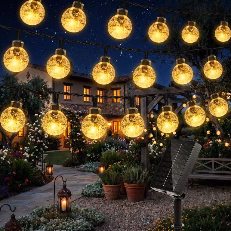 Catena luminosa solare, 12 metri, 100 LED bianco caldo, 8 modalità, grado di protezione IP44