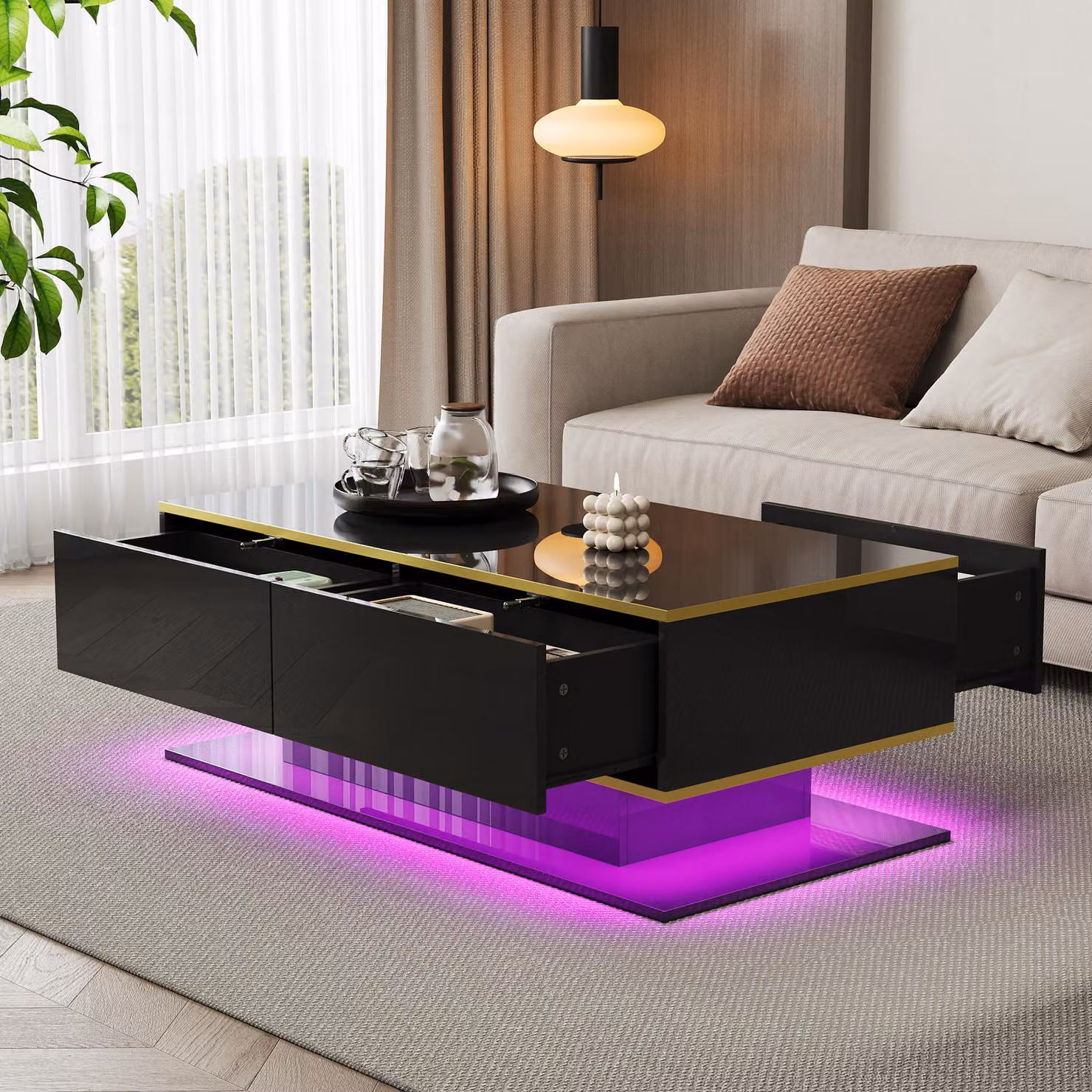 Tavolino LED lucido Merax con decori dorati, tavolo da soggiorno con 3 cassetti e 1 ripiano aperto, tavolo da pranzo con strisce decorative dorate, nero