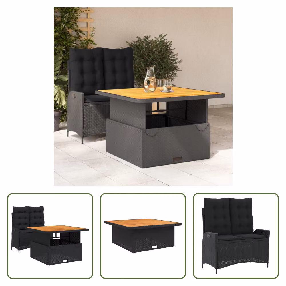 The Living Store Set da pranzo da giardino a 2 pezzi con cuscini in poly rattan nero