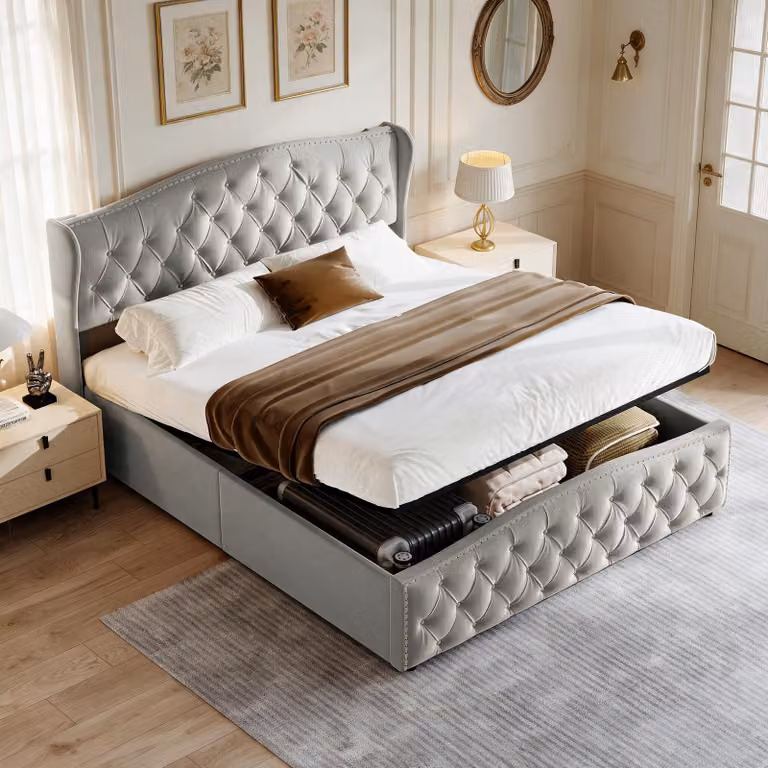 Letto imbottito INONEFT, 140x200 cm, con spazio contenitore, letto per ragazzi con cassone contenitore a sistema idraulico, letti singoli con rete a doghe, rivestito in velluto, senza materasso, colore grigio