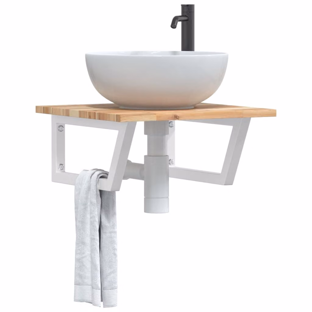 vidaXL Ripiano a Parete per Lavabo in Acciaio e Legno di Acacia, Bianco e Marrone, L: 50 cm, P: 22 cm, H: 50 cm