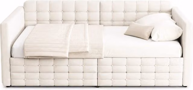 Letto singolo contenitore in velluto beige con 2 tasche laterali e 2 cassetti, L/P/H: 90 x 190 cm