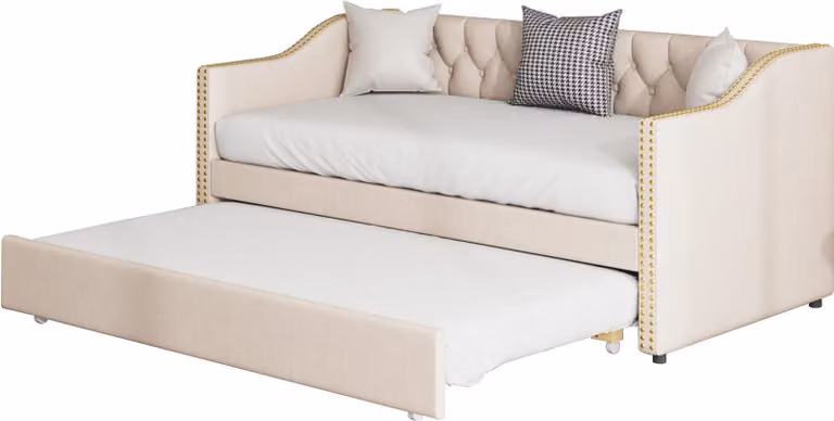 Fortuna Lai Lettino imbottito 90x200, Divano letto Beige Tessuto di lino durevole Letto per giovani Lettino per ospiti