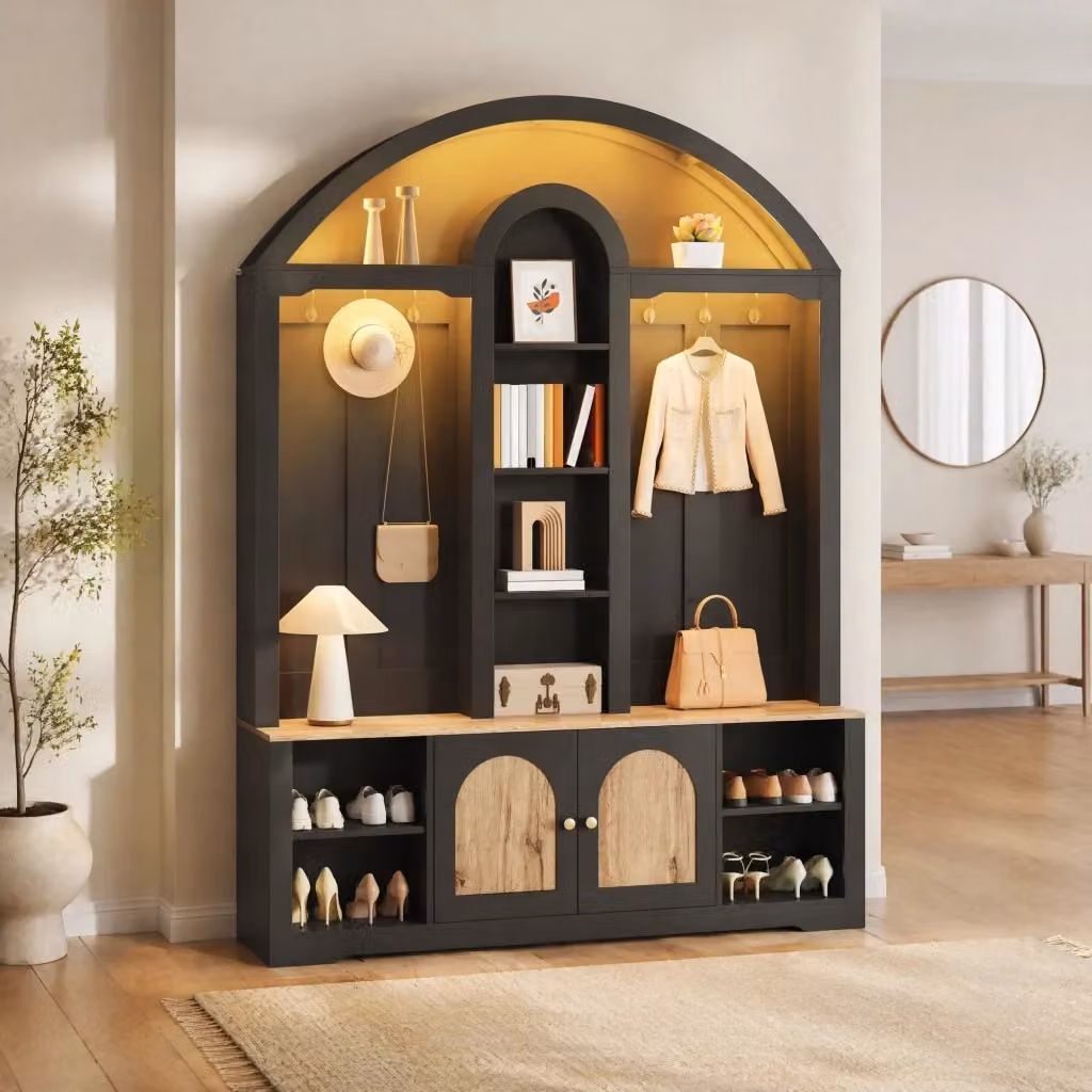 Armadio guardaroba moderno in MDF nero opaco con ante a battente, illuminazione integrata e ripiani interni, L/P/H: 150 x 40 x 195 cm – 2