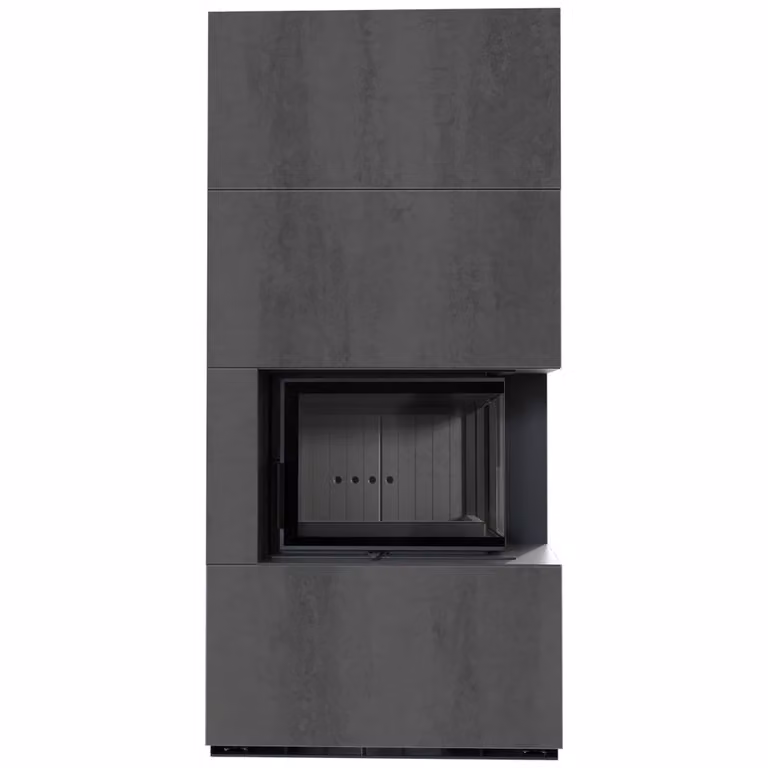 Kit camino KRATKI FLOKI BOX destro 8 kW Ø 160 quarzo sinterizzato NATURALI PIETRA DI SAVOIA ANTRANCITE BOCCIARDATA rivestimento nero