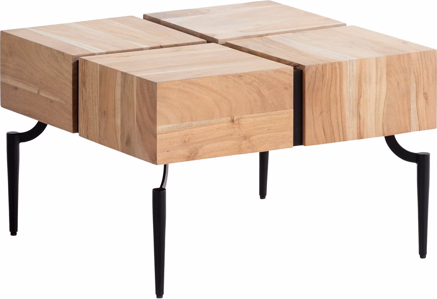 WOHNLING Tavolino in legno massiccio di acacia 60x60x40 cm Quadrato con struttura in metallo Tavolino da divano Forma cubica Tavolo da soggiorno Divano Tavolino moderno