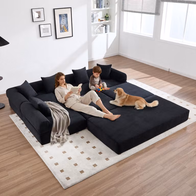 LVHOM Divano letto modulare in tessuto a coste, divano imbottito pieghevole 7 in 1, letto da giorno senza montaggio, divano da terra con tasche laterali, nero