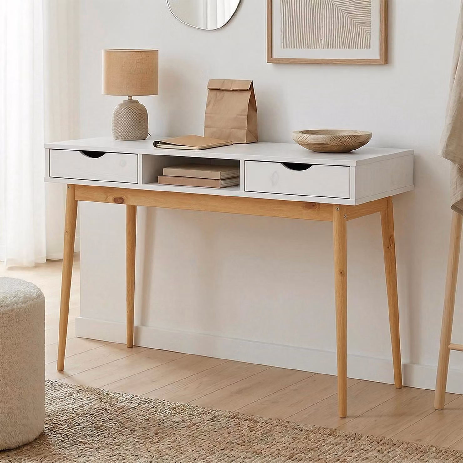 Scrivania STEFANO bianco / rovere - Scrivania da ufficio con 2 cassetti e ripiano in legno massello, scrivania per l'home office, scrivania moderna