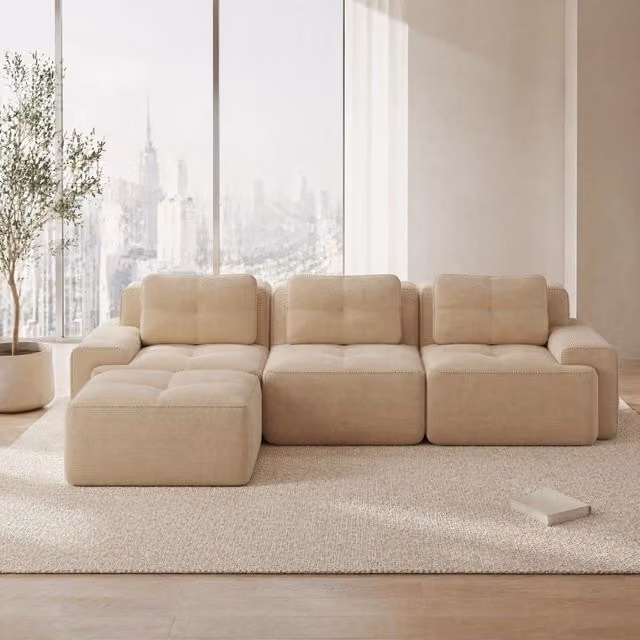 Divano modulare in velluto a coste beige; design boneless con seduta profonda e senza montaggio