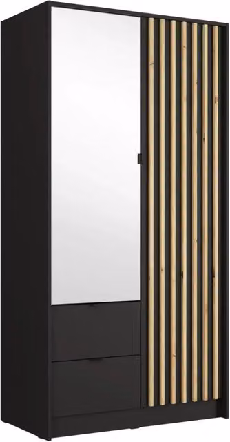 Armadio TORVIK 2 porte con specchio, cassetti e listelli nero e rovere 101 cm