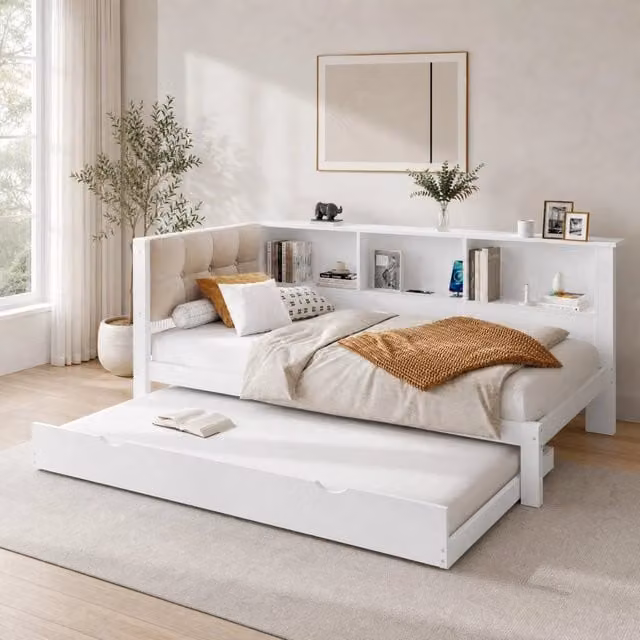 Letto da giorno ULEVR 90x200 cm con letto estraibile 90x190 cm, LED dimmerabile, USB e 3 ripiani, bianco